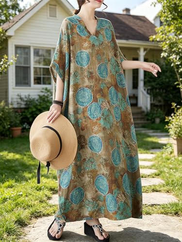 Image of Plus Size Summer Dress Printed V Neck Casual Loose Long Dresses with Pockets