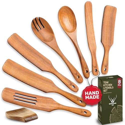 Image of 7Pcs Wooden Spurtle Set - Teak Kitchen Utensils for Mixing, Stirring, Sourdough & Scraping - Nonstick Safe Spatula Set with Long Handle for Cast Iron, Oatmeal & Baking - Wooden Spoons for cooking