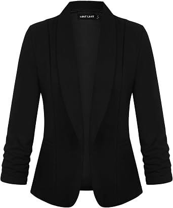 Womens Blazer Open Front Suit Jacket 3/4 Ruched Sleeve Blazers Casual Cardigan Outerwear with Patch Pockets