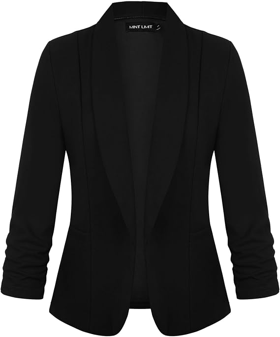 Womens Blazer Open Front Suit Jacket 3/4 Ruched Sleeve Blazers Casual Cardigan Outerwear with Patch Pockets