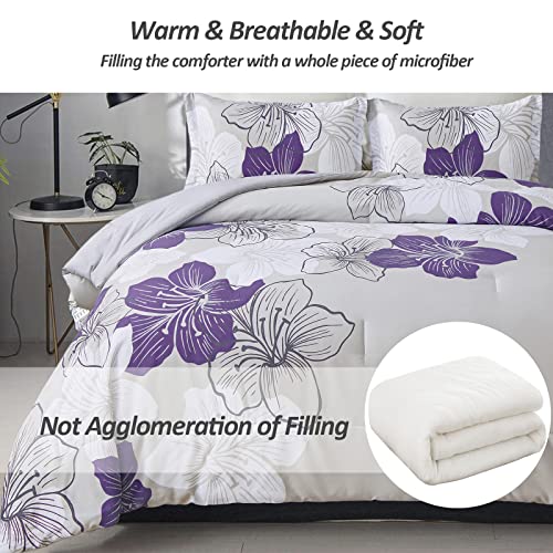 Menghomeus Purple Comforter Set Queen - Purple Floral Pattern Printed On Grey - Soft Microfiber Bedding Set Lightweight Boho Bed Comforter Set For All Season (1 Comforter, 2 Pillowcases) #TOP2