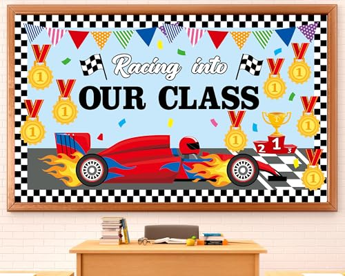Image of gisgfim Racing Car Bulletin Board Decorations Racing Into Our Class Paper Cutouts Motivational Cars Medal Bulletin Board Set for Back to School Teacher Classroom Kindergarten Wall Decor Supplies