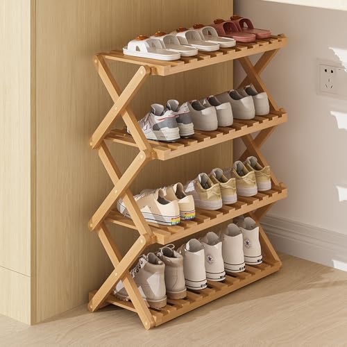 SKW 竹製 折りたたみ シューズラック 組み立て不要、玄関 コンパクト 多機能 収納 (ナチュラル, 幅50cm (4層))