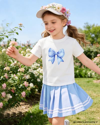 Image of Betusline Girls Skirt Set JK School Uniform 2-Piece Outfit - Short Sleeve & Webbing Solid Skirt,Bow Blue,4-5T = Tag 120