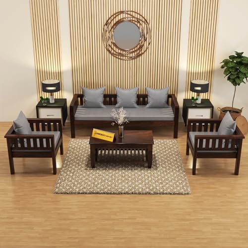 Image of Sheesham Wood 5 Seater Low Height Sofa Set for Living Room | 5 Seater Sofa Set | Wooden Sofa Set | Grey Cushion (3+1+1, Walnut Finish)