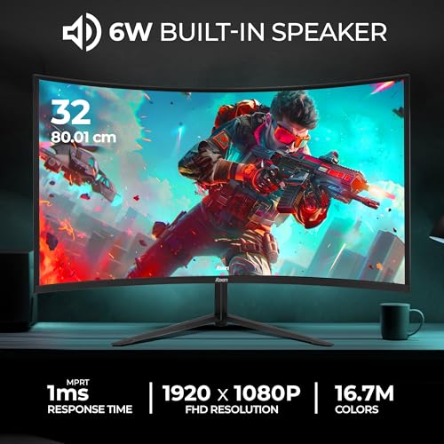 Image of Foxin Phantom 32 inch (80 cm) 1800R Curved Gaming Monitor, FHD 1920x1080p, 180Hz, 1ms, Adaptive Sync | 99% sRGB | DP, HDMI & DC Ports | RGB Backlight, Built-in Speakers | Wall Mountable | Black