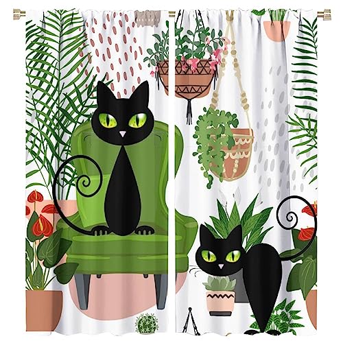 XBDDZSW Potted Plant Black cat Curtain Greenhouse Tropical Plant Mischievous Black cat Boho Flower Cactus Garden Pattern Printing Curtain Bedroom Living Room Decoration Blackout Curtain W63 * L72inch