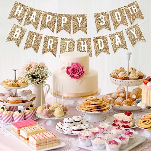Image of Pre-Strung Happy 30th Birthday Banner - Gold Glitter Birthday Banner | No DIY - Gold Glitter 30th Party Decorations - Pre-Strung on 6 ft Strands - Bday Party Decorations & Decor