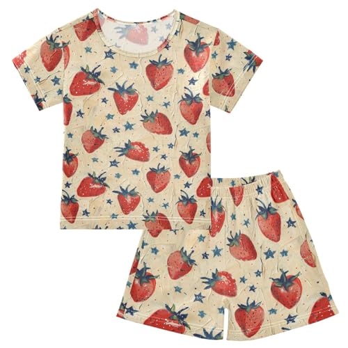 ALAZA Strawberry and Stars Pajama Set Short Sleeve Sleepwear Soft Lounge Nightwear