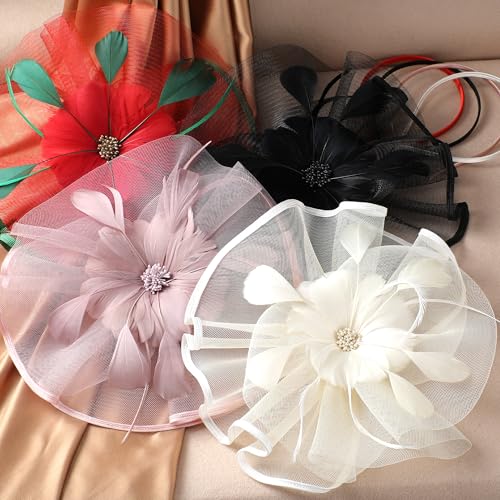 Zinniday Black Tea Party Headband - 1920s 50s Elegant Victoria Feather Derby Fascinators Flower Kentucky Hats Mesh 20s 50s Derby Hat Carnival Cocktail Headband for Women Halloween Costume