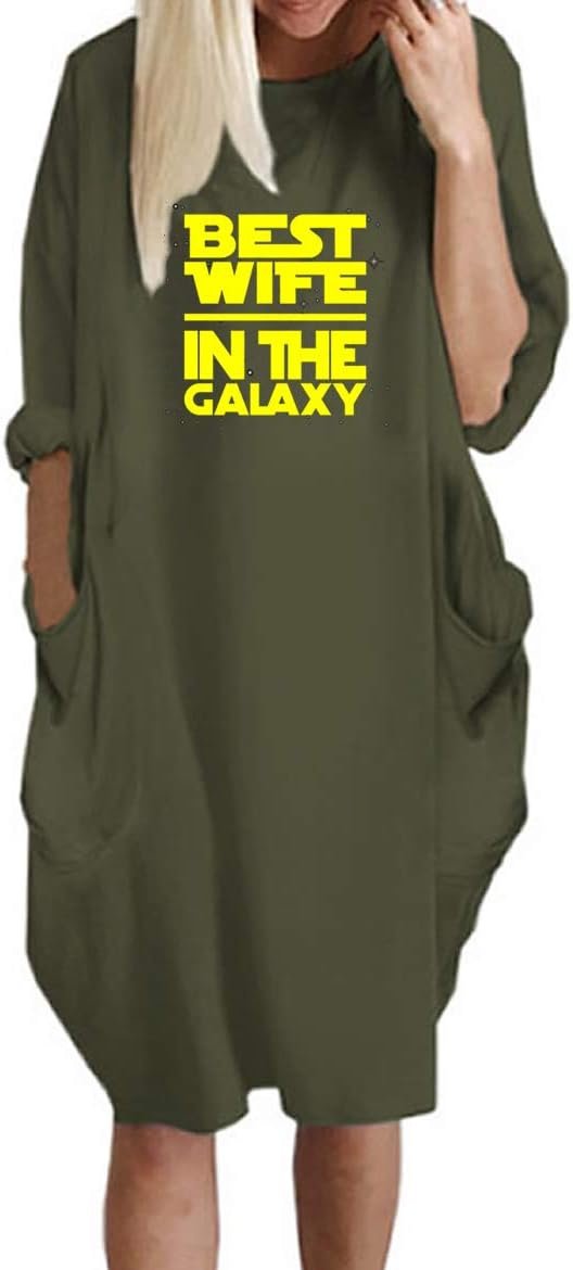 Best Wife In The Galaxy Long Sleeve Oversize T-Shirt Dresses Pockets For Women
