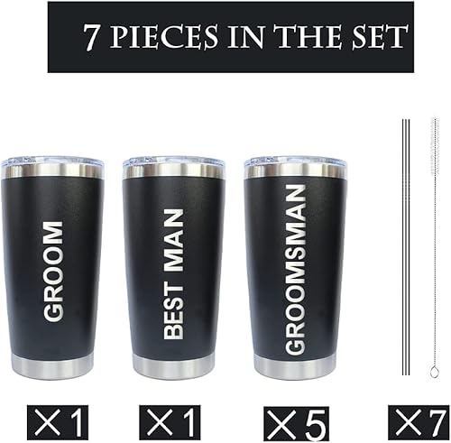 Miniatura 2 de PartyGifts&beyond Paquete de 7 vasos de acero inoxidable de 20 onzas con tapa y pajita, regalos para padrinos de boda y despedida de soltero (Negro)