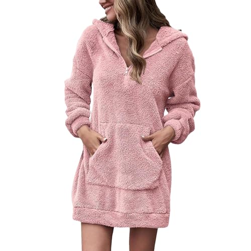 YOSUWOAI Kapuzenpullover Damen Winter Teddy Fleece Pulloverkleid Warm Hoodie Kleider Plüsch Winter Sweatkleid mit Tasche Langarm Pullover Kleid 1/4...