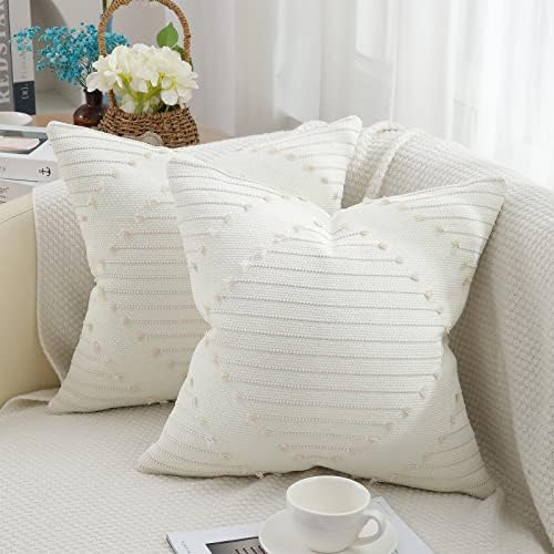 Mecatny Boho Throw Pillow Covers Beige and Cream White Pillow Covers 18X18 Set of 2 Farmhouse Decorative Pillow Covers for Couch Sofa Living Room