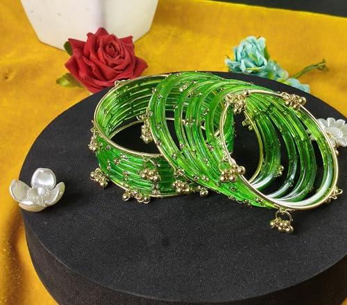 Image of NMII Viral Multi Colour Glass Bangles with Golden Ghungroo Charms & Stone Work For Women & Girls | Fancy Designer Glass Bangle | Traditional Chudi | Kanch Ki Churi | Stylish Ghungroo Bangle For Women