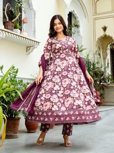 Image of Pure Cotton Anarkali Kurta Set for Women with Dupatta | 3 Piece Cotton Anarkali Suit | Floral Aari Work | Flared Ethnic Wear