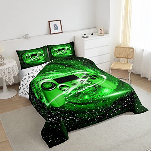 Games Gaming Comforter Video Game Comforter Set Kids Boys Girls Gamer Novelty Green Galaxy Swirl Bedding Set Gamepad Action Buttons Decor Reversible Quilt Set With 2 Pillowcases 3Pcs Bedding Full #TOP3