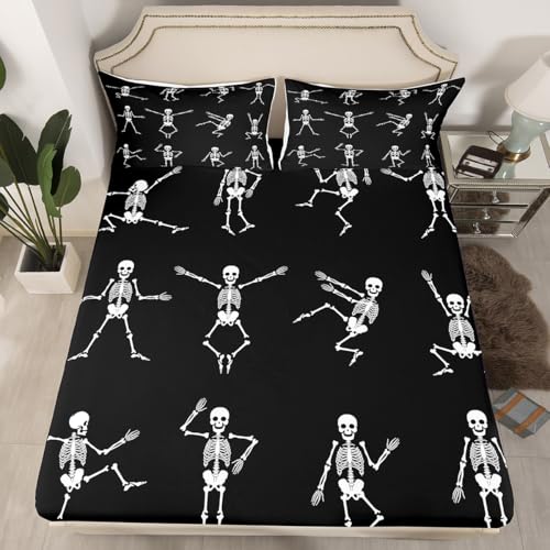 Erosebridal Sugar Skull Sheet Set Queen Size Skeleton Bones Bedding Set for Kids Boys Girls Teens Adult Halloween Horror Theme Fitted Sheet Gothic Spooky Bed Sheet Wrinkle Bedclothes(No Flat Sheet)