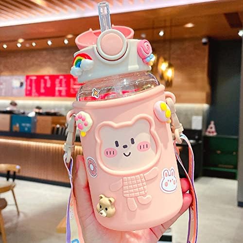 Aisen Kawaii Bear Water Bottle, 720ml Cute Driking Bottle wiht Straw, Plastic Water Bottle for Girls Teenager, for Daily Outdoor Sports Working (Purple)