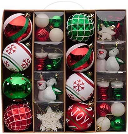 Valery Madelyn 60pcs 3-8cm Shatterproof Christmas Baubles,Country Red Green and White Christmas Ball Ornaments for Christmas Tree Decorations