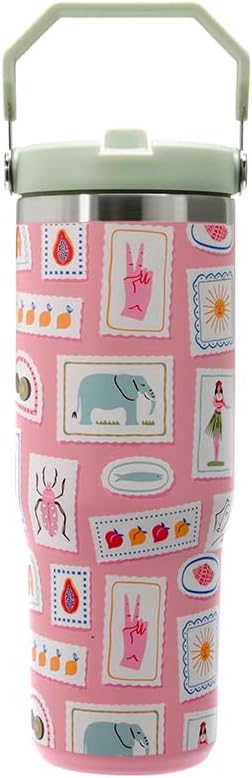 Mayim Adventure Flow- 30oz Vacuum Insulated Water Bottle with Handle & Flip Straw Lid- Fashion Stainless Steel Tumbler- Leak Resistant, BPA-Free, Cupholder Friendly (Blush – Peace & Postcards)