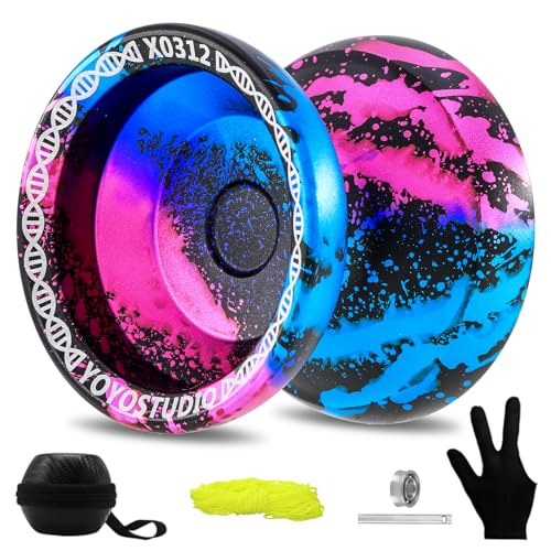 YOYOSTUDIO X0312 Finger Spin Trick Yoyo Porfessional Responsive Yoyo for Kids 8-12, Metal Yo Yo for Kids Adults with Unresponsive Yoyos Bearing Kit, 10 Yo-Yo Strings, Case & Glove - Black Bl