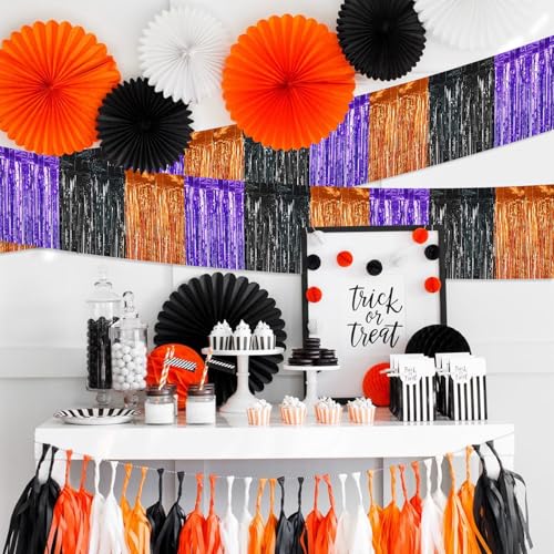 Image of Halloween Decorations - 5 Pack 10 Feet Orange Black Purple Foil Fringe Garland Tinsel Parade Float Fringe Hanging Backdrop Banner Table Skirts