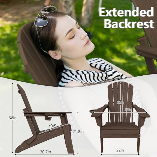 Image of Plawdlik Folding Adirondack Chair 12-piece Set, Cup Holder, Coffee | pin-free folding, 38-in tall back, Wood-grain All-weather HDPE; for fire pit, poolside, deck, backyard, patio