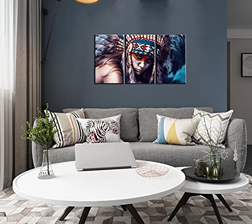Beauty Native Woman Canvas Wall Art Paintings Feathered Indians Girl Art Prints For Home Bedroom Walls Decor On Wrapped Canvas Set,12X20Inch X3 Pieces #TOP4