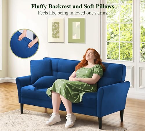 Image of Loveseat Sofa, 69 inch Love Seat Couches, Comfy Velvet Small Couches for Small Spaces with 2 Pillows, Tool-Free Setup Sofas & Couches, 700lb Load Sofas for Living Room, Mini Couch for Bedroom, Blue Couch
