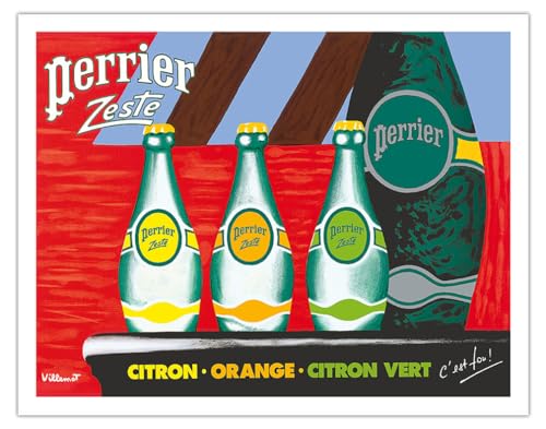 Perrier Zest - Lemon Orange Lime Sparkling Waters - Vintage Advertising Poster by Bernard Villemot - Fine Art Matte Paper Print (Unframed) 11x14in