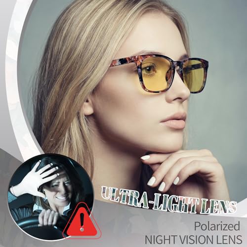 Image of Polarized Sunglasses for Women Men Night Vision Glasses Anti Glare | Yellow Anti Glare UV400 Lens, Lightweight Square Frame, for Day Night Use, Driving, Fishing, Cycling, Traveling