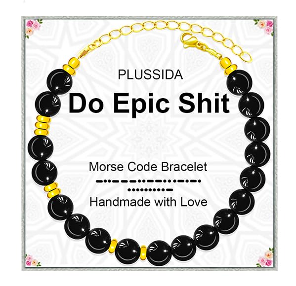 PLUSSIDA Black Natral Onyx Stone 18K Gold Plated Beads Bracelets,Unique Handmade Morse Code Beads Bracelet Birthday Gifts for Men Women Son Best Friends Husband Jewelry