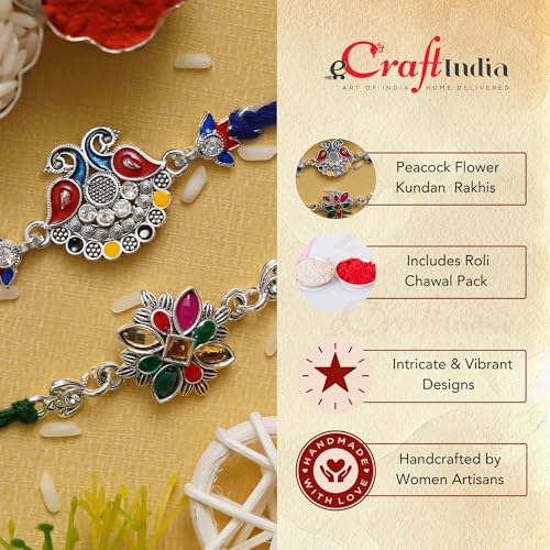 Image of eCraftIndia Set of 2 Peacock Feather Floral Designer Rakhi for Brother Bhaiya Bhai Boys Kids | Roli Chawal Pack