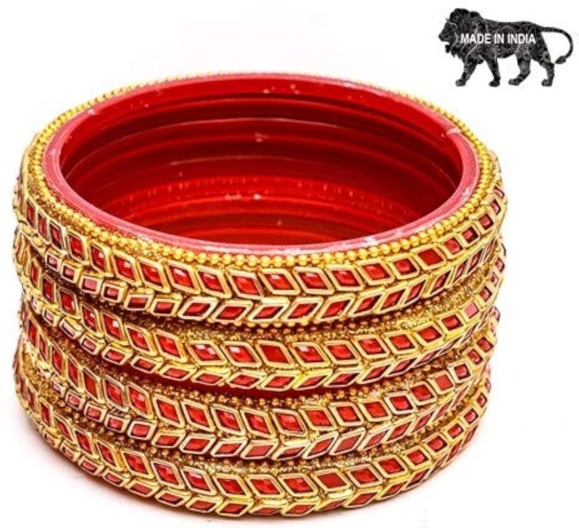 Golden Diamond Cutting Glass Bangles Kadas Set, Size 2.4, 2.6, 2.8