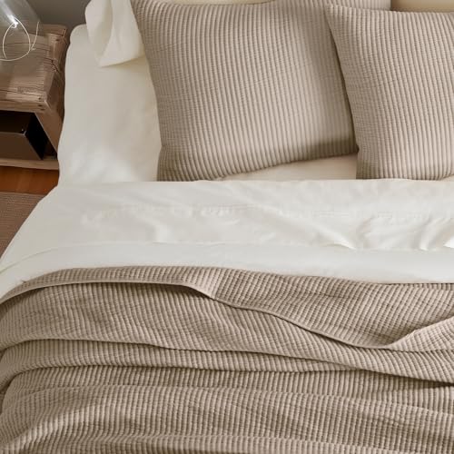 Image of EVERGRACEHOME Cotton Coverlet Set Full Queen Size 3 Pieces, Lightweight Soft Ribbed Matelasse Bedspread Quilt Set, Cozy Oversized Quilted Bedding Set with 2 Pillow Shams for All Seasons, Urban Taupe