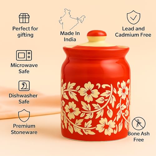 Image of Handcrafted Ceramic Jar with Lid 1000 mL | Traditional HandPainted Kitchen Storage Container | Pickle, Spice, Sugar, Tea, Coffee Canister | Pottery Home & Gift (Set of 1) (Full Red Floral Bale)