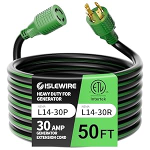 4 Prong 30 Amp Extension Generator Cord 50FT, NEMA L14-30P/L14-30R, 125/250 Volt Up to 7500 Watts, 10 Gauge SJTW Twist Lock Power Cord for Manual Transfer Switch, Black&Green, ETL Listed