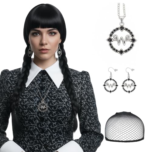 Image of S-noilite Wednesday Addams Braided Black Wig Set, Long Braids Wigs with Bangs for Women Gothic Costume Cosplay Party Halloween w. Earrings and Necklace+Wig Cap