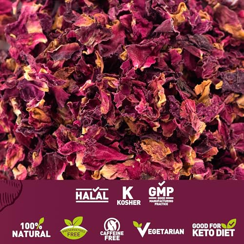 Organic Dried Red Rose Petals 4oz - Food Grade Organic Edible Rose Petal, Caffeine-free, Non-GMO, Herbal Tea - Use in Beverages, Foods, Baking, Soap-making, Crafting