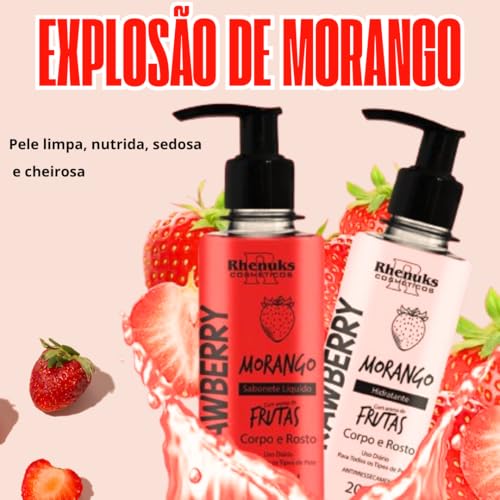 Kit Skincare Sabonete + Hidratante Corpo e Rosto Morango + Body Splash Pink Red Rhenuks