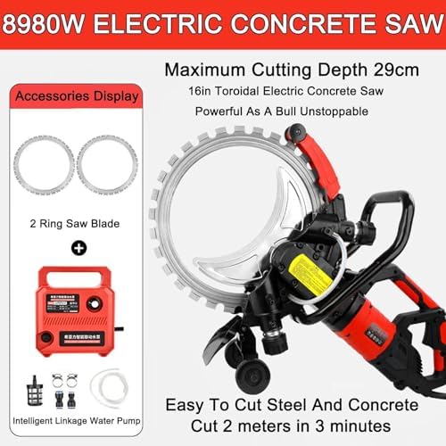 16" Concrete Cutter Saw - 8980W Pure Copper Motor, 3000RPM, Smart Water Pump Dust Suppression, Cuts Granite & Stone, 2 Blades, 29cm Depth, 110V, Fast 2m Cuts in 3 Min