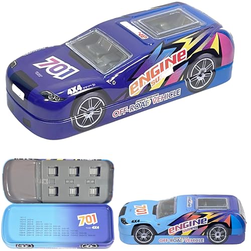 Image of ZAFCO Metal Car Pencil Box for Kids | Compass for Boys | Two Layer Pen Box for Students | Car Geometry for School | Pencil Box for Boys | Birthday Return Gift 1 Unit (Random Blue)