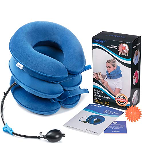 GIMMEF Health Cervical Neck Traction Device - FDA Registered - Inflatable & Adjustable Neck Stretcher Collar, Instant Pain Relief for Chronic Neck and Shoulder Pain ✮ with Therapy Massage Ball (Blue)