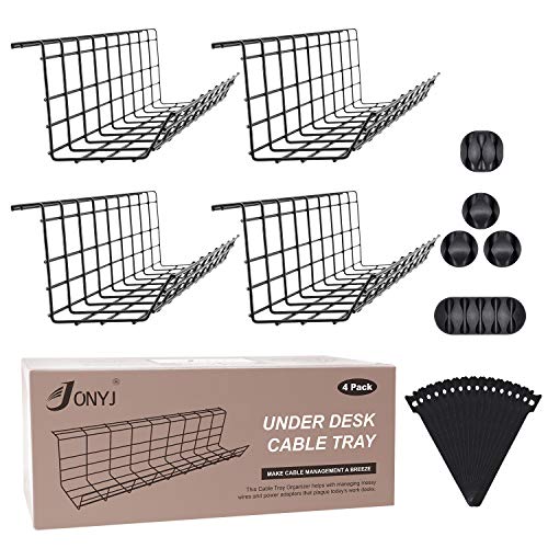 Under Desk Cable Management Tray, Cable Organizer for Wire Management, Metal Wire Cable Tray for Office and Home, 4 Pack Standing Desk Tray with 15 Cable Ties and 5 Cable Clips, Black Cord Basket 17\'\'