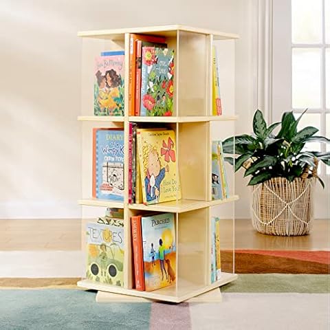 Guidecraft EdQ Rotating Book Display - Birch: Spinning Plywood Storage Bookshelf with Acrylic Windows for Kids Classroom, Playroom, or Bedroom Cover