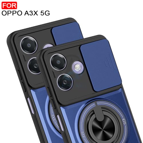 Image of AESTMO Oppo A3X 5G Back Cover | Armor Camera Slider 360 Degree Rotating Finger Ring Holder Case with Bracket Stand Back Case Cover (Compatible with MagSafe Accessories) (Blue)