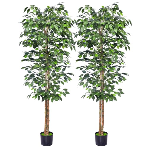 2Packs 6FT Artificial Ficus Trees with Realistic Leaves and Natural Trunk, Faux Ficus Tree with Sturdy Plastic Nursery Pot, Fake Ficus Tree for Office Home Farmhouse for Indoor Outdoor Decor