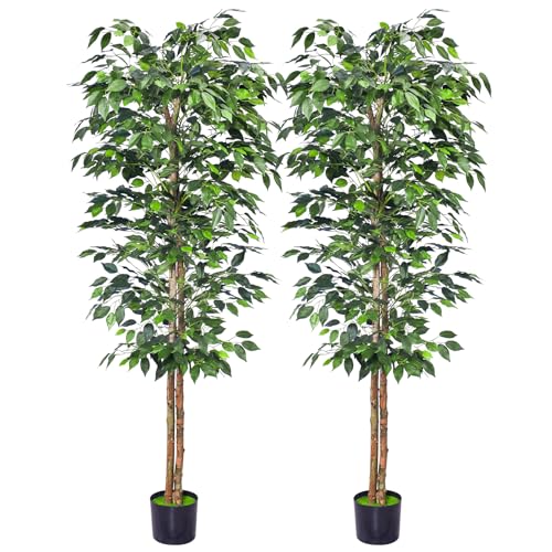 HAIHONG 2Packs 6FT Artificial Ficus Trees with Realistic Leaves and Natural Trunk, Faux Ficus Tree with Sturdy Plastic Nursery Pot, Fake Ficus Tree for Office Home Farmhouse for Indoor Outdoor Decor