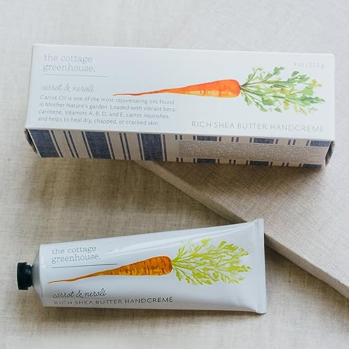 The Cottage Greenhouse Marchew i Neroli Rich Masło shea Handcreme, 4 uncje | Bez parabenów, bezglutenowe, bezglutenowe, bezkrutne, Moisture Rich, wegańskie 4 uncje biały, zielony, pomarańczowy